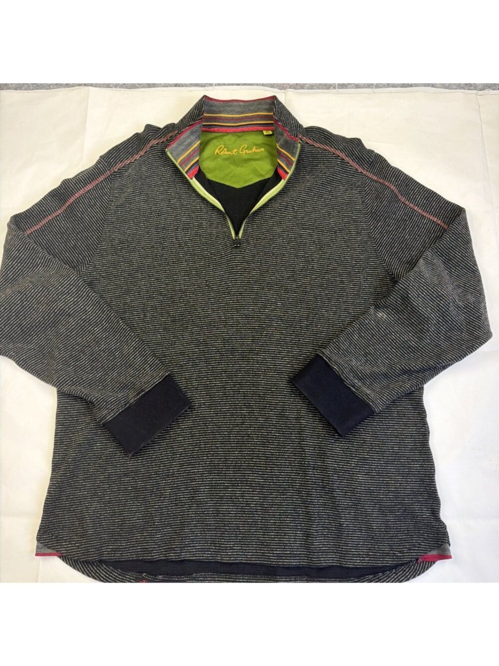 Robert Graham Quarter Zip Pullover Black Grey Striped Top Mens 2XL